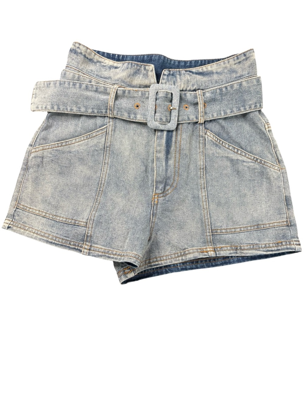 Le Lis Faded Light Blue High-Rise Denim Shorts with Belted Waist Size S